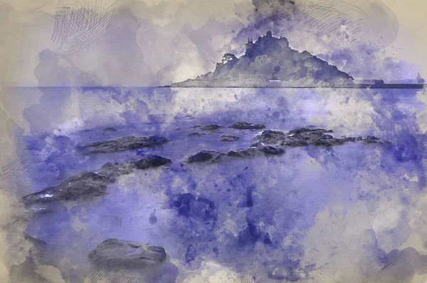 Digital Watercolor Painting Michael Mount Bay Marazion Landscape Pre Dawn — Zdjęcie stockowe