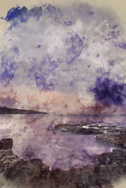 Digital watercolor painting of Stunning toned landscape seascape coastline and rocky shore at sunset