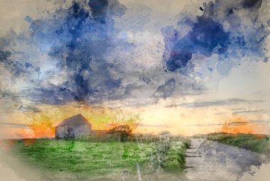 Digital watercolor painting of Sunset landscape image of old barn in countryside fields