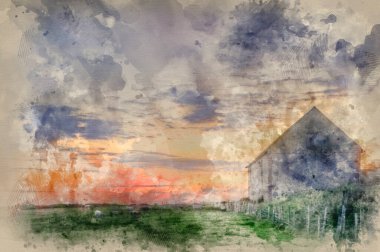 Digital watercolor painting of Sunset landscape image of old barn in countryside fields