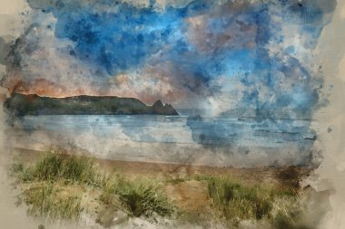 Sarı kumlu sahil üzerinde Güzel Yaz sabahı manzarasının dijital suluboya resmi