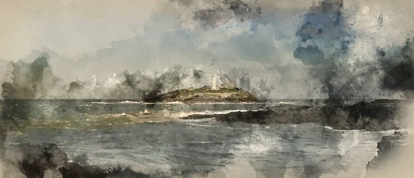Digital Watercolor Painting Stunning Sunrise Landscape Godrevy Lighthouse Cornwall Coastline — Fotografia de Stock