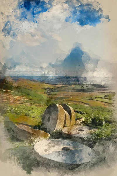 Digital Watercolor Painting Landscape Image Millstones Top Stanage Edge Peak — Stockfoto