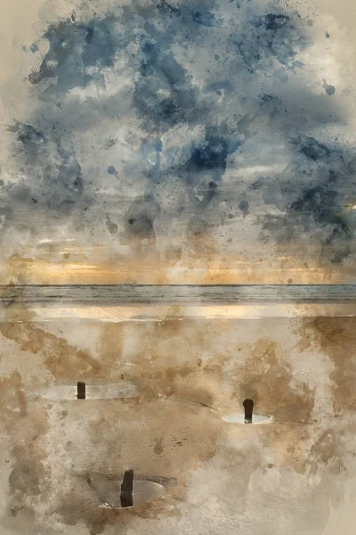 Цифровая Акварельная Живопись Пейзажа Старыми Пайнами Выступающими Песка Пляже Залива — стоковое фото