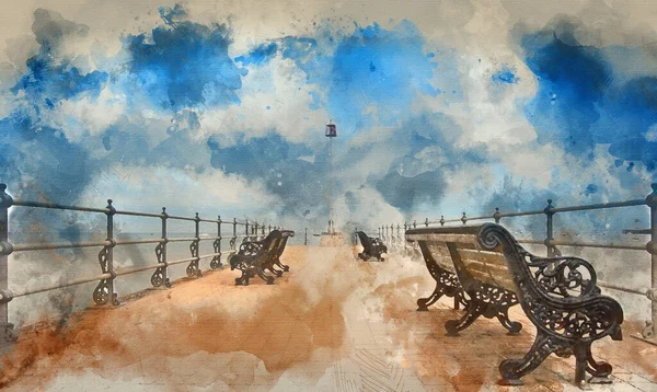 Digital Watercolor Painting Victorian Era Style Pier English Seaside Resort — 图库照片