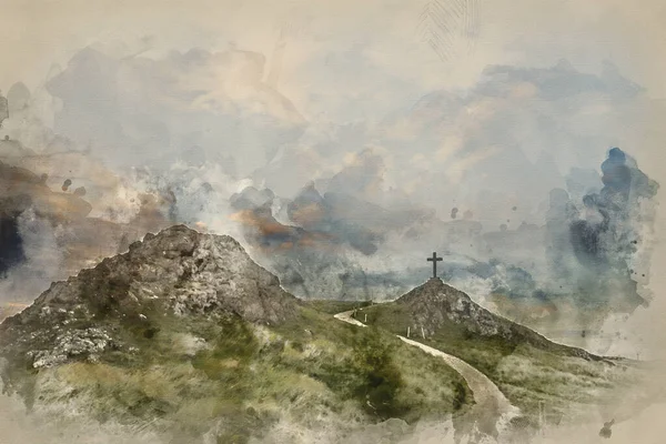 Digital Watercolor Painting Cross Landscape Ynys Llanddwyn Island Twr Mawr — Stockfoto