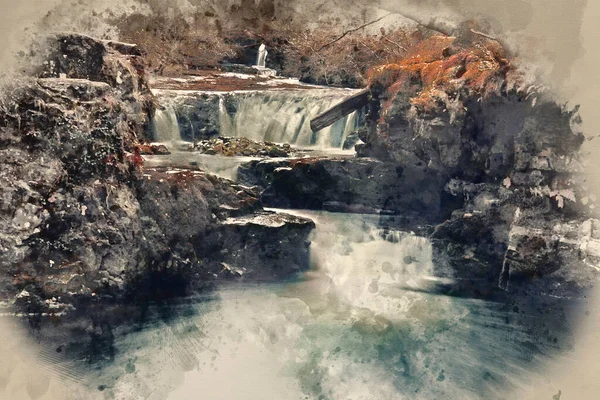 Digital Watercolor Painting Beautiful Waterfall Landscape Image Forest Autumn Fall — Stock Photo, Image