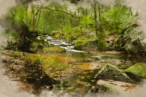 Digitální Akvarel Malba Krajiny Iamge Řeky Tekoucí Svěží Zelený Les — Stock fotografie