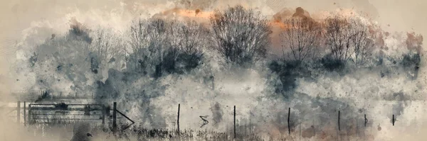 Digital Watercolor Painting Beautiful Tranquil Panorama Landscape Lake Mist — Stockfoto