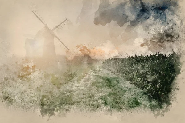 Digital Watercolor Painting Windmill Stunning Landscape Beautiful Summer Sunrise — ストック写真
