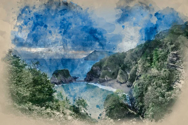 Digital Watercolor Painting Beautiful Moody Sunrise Landsape Image Small Secluded — ストック写真