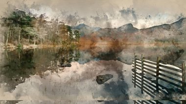 Digital watercolor painting of Stunning Autumn Fall vibrant sunrise over Blea Tarn in the Lake District with High Raise and The Langdales in the distance