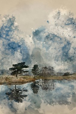 Digital watercolor painting of Beautiful landscape image of moody storm clouds over Kelly Hall Tarn in Lake District during late Autumn Fall afternoon