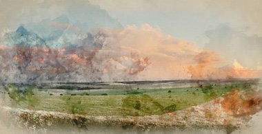 Digital watercolor painting of Beautiful large panorama of Summer sunset landscape image of South Downs National Park in English countryside 