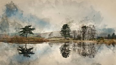 Digital watercolor painting of Beautiful landscape image of moody storm clouds over Kelly Hall Tarn in Lake District during late Autumn Fall afternoon