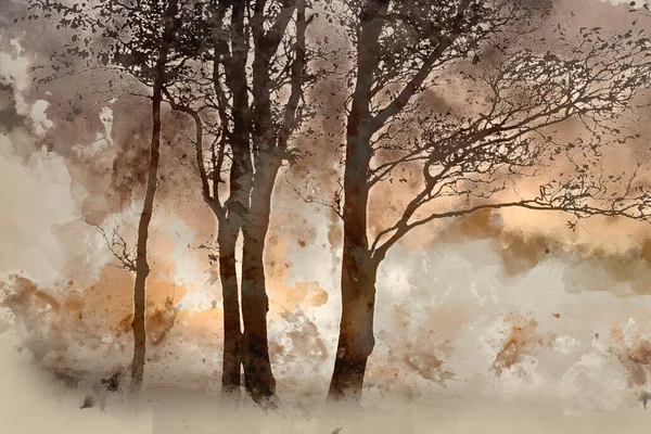 Digital Watercolor Painting Stunning Foggy Sunrise Landscape Tors Dartmoor Revealing — 图库照片