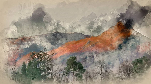 Digital Watercolor Painting Landscape Image Catbells Lake District Hit First — стоковое фото