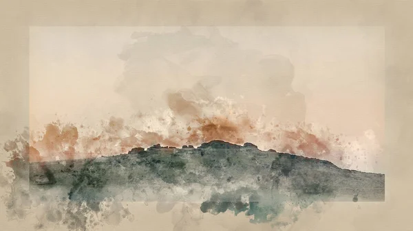 Digital Watercolor Painting Stunning Foggy Sunrise Landscape Tors Dartmoor Revealing — 图库照片