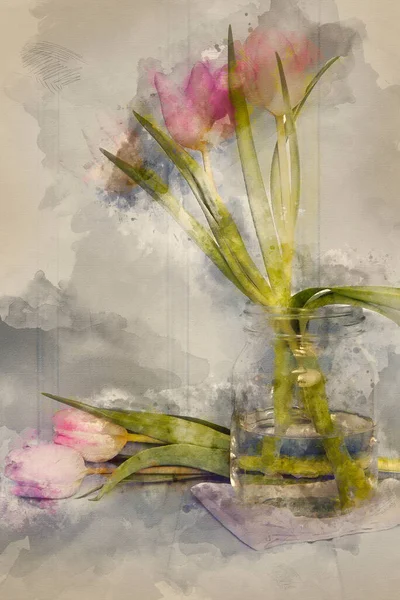 Digital Watercolor Painting Still Life Image Spring Flowers Instagram Cross — стоковое фото