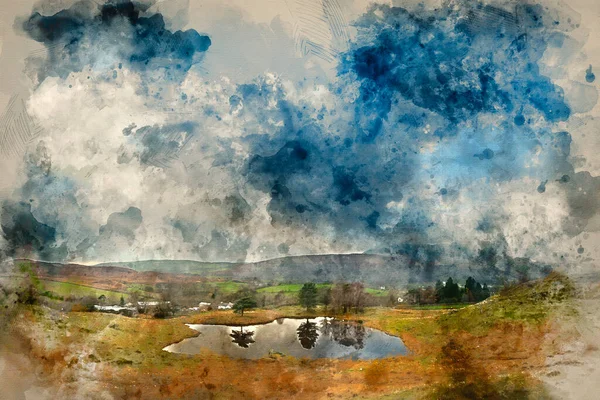 Digital Watercolor Painting Beautiful Landscape Image Moody Storm Clouds Kelly — Stockfoto