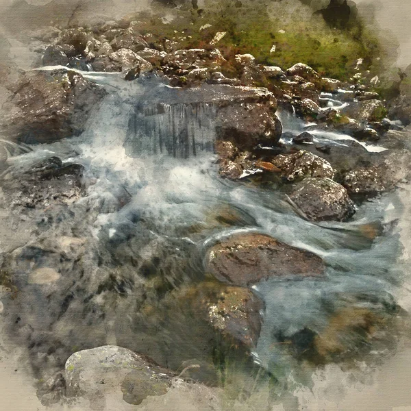 Pintura Aquarela Digital Imagem Paisagem Rio Que Flui Abaixo Escala — Fotografia de Stock