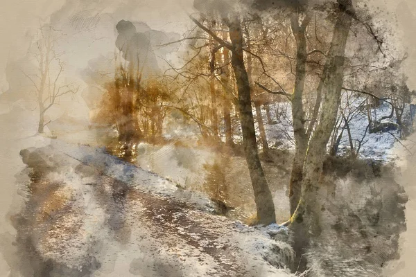 Digital Watercolor Painting Beautiful Winter Snow Covered Countryside Landscape River — Stock Photo, Image