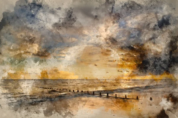 Digital Watercolor Painting Beautiful Vibrant Seascape Sunset Image Dramatic Sky — 스톡 사진