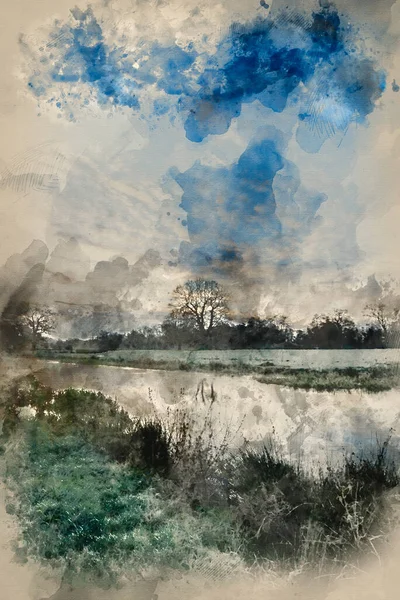 Digitale Aquarellmalerei Der Landschaft Sonnenaufgang Landschaft Mit Dramatischem Himmel Und — Stockfoto