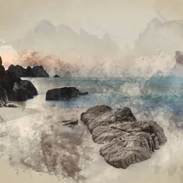 Digitale Aquarellmalerei Von Schönen Bunten Sonnenaufgang Landschaft Bild Von Porthcurno — Stockfoto