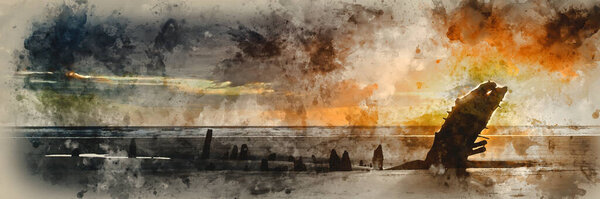 Digital watercolor painting of Landscape panorama shipwreck on Rhosilli Bay beach in Wales at sunset