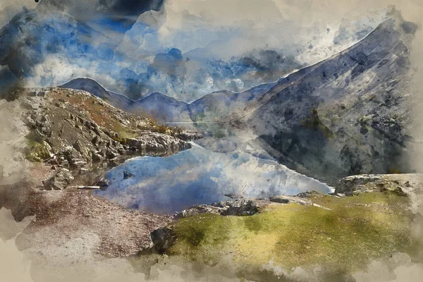 Digital Watercolor Painting Stunning Landscape Wast Water Lake District Peaks — Fotografia de Stock