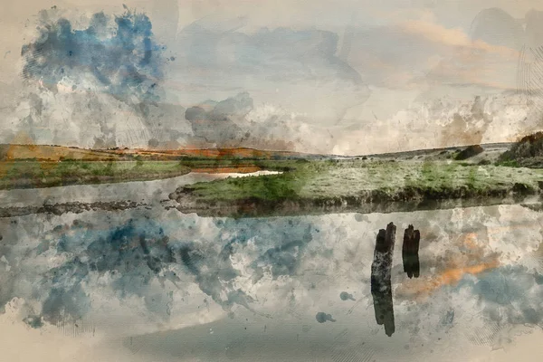 Digital Watercolor Painting Beautiful Sunrise Landscape English Countryside River Slowly — Φωτογραφία Αρχείου