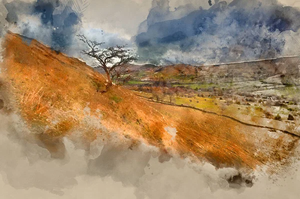 Digital Watercolor Painting View Mam Tor Lower Heights Kinder Scout — Stockfoto