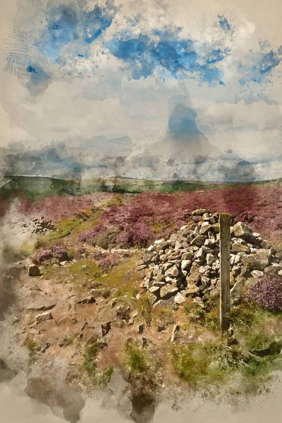 Cyfrowe Malarstwo Akwarelowe Kolorowy Żywy Obraz Krajobrazu Burbage Edge Rocks — Zdjęcie stockowe