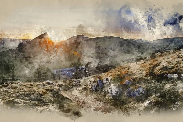 Digital Watercolor Painting Parkhouse Hill Chrome Hill Peak District Sunset — стоковое фото