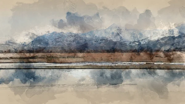 Digital Watercolor Painting Beautiful Winter Landscape Image Mount Snowdon Other — Stockfoto