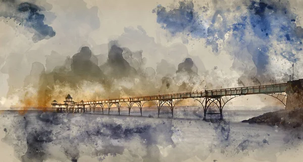 Digital Watercolor Painting Stunning Long Exposure Sunset Ocean Pier Silhouette — ストック写真