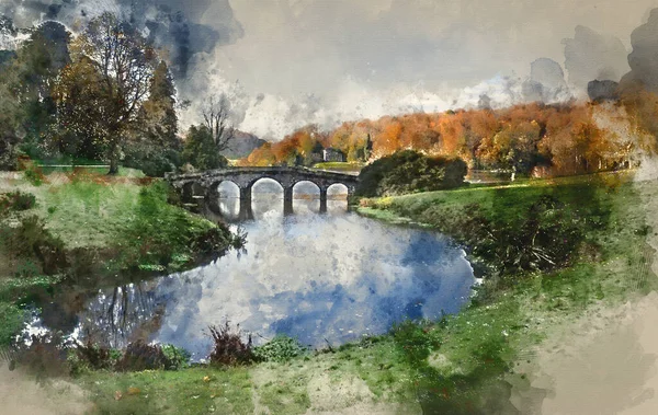 Digital Watercolor Painting Bridge Main Lake Stourhead Gardens Autumn — 스톡 사진