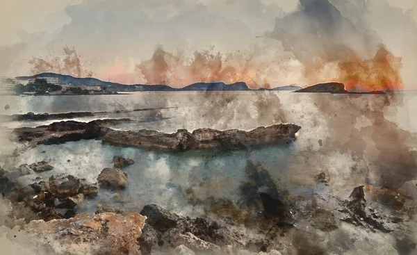 Digitální Akvarel Malba Krásné Východ Slunce Krajina Přímořský Mys Přes — Stock fotografie