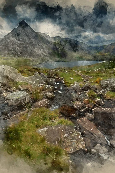 Digital Watercolor Painting Beautiful Landscape Image Stream Llyn Ogwen Snowdonia — Foto de Stock