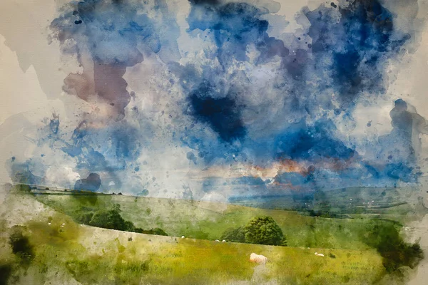 Digitale Aquarel Schilderij Van Zomer Zonsondergang Landschap Steyning Bowl South — Stockfoto