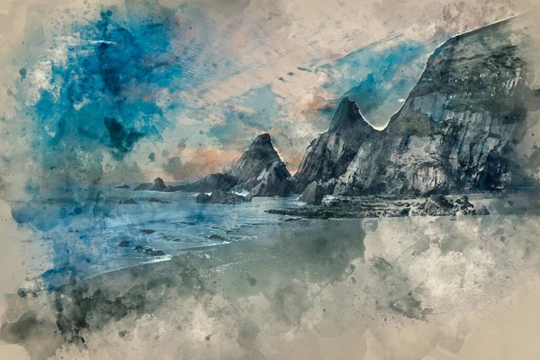 Digital Watercolor Painting Beautiful Colorful Sunset Beach Landscape Jagged Rock — Foto Stock