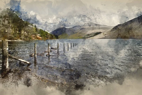 Digitale Aquarellmalerei Von Atemberaubender Landschaft Aus Abwasser Mit Bergen Die — Stockfoto
