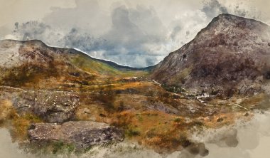 Galler 'deki Snowdonia Ulusal Parkı' ndaki Nant Francon dağ vadisi boyunca dijital suluboya resim