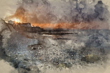 St. Michael 's Mount Bay Marazion' un gündoğumundaki dijital suluboya tablosu Cornwall İngiltere