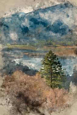 Digital watercolor painting of Beautiful Autumn Fall landscape image of view from route to Walla Crag near Derwent Water in Lake District clipart
