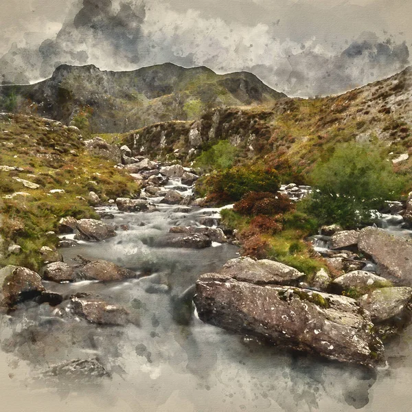 Digital Watercolor Painting Landscape Image River Flowing Mountain Range Llyn — Zdjęcie stockowe