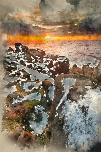 Digital Watercolor Painting Sunset Snow Covered Winter Landscape Rocks Foreground — Stock Photo, Image