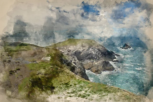 Digitální Akvarel Obrazu Letní Krajiny Hlavy Trevose Cornwallu Anglie — Stock fotografie