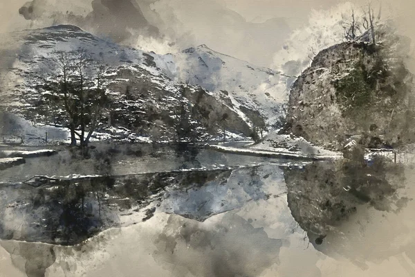 Aquarelle Numérique Beau Paysage Campagne Enneigée Hiver Rivière Coulant Avec — Photo